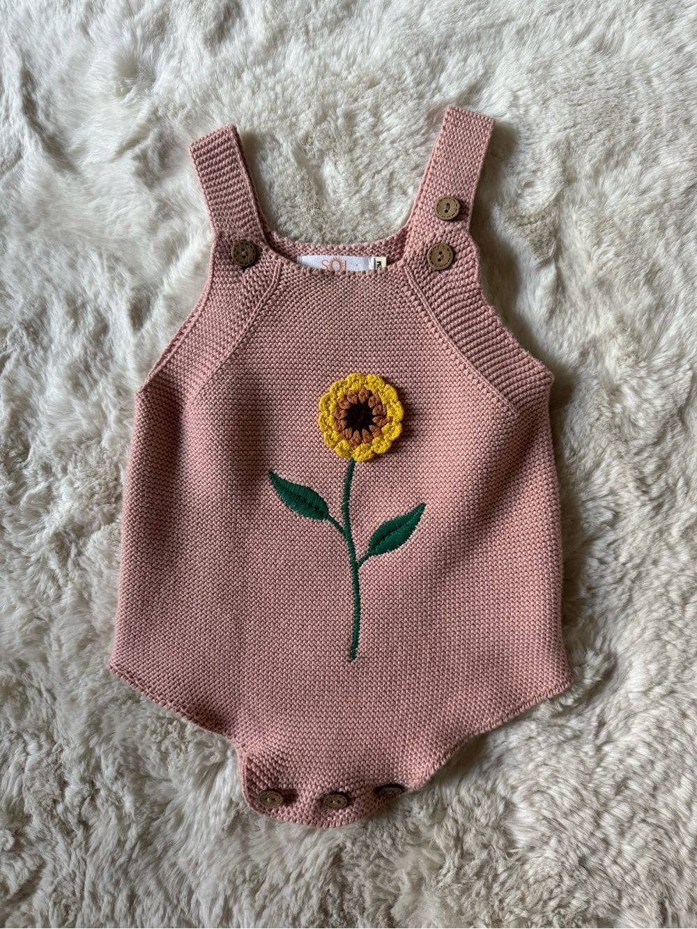 Hand-Knit Baby Sunflower Romper in Dusty Rose